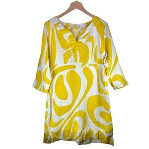 Boden Dress Women’s size 10 Yellow and White Linen Dress Summer Bold Retro 3/4sl